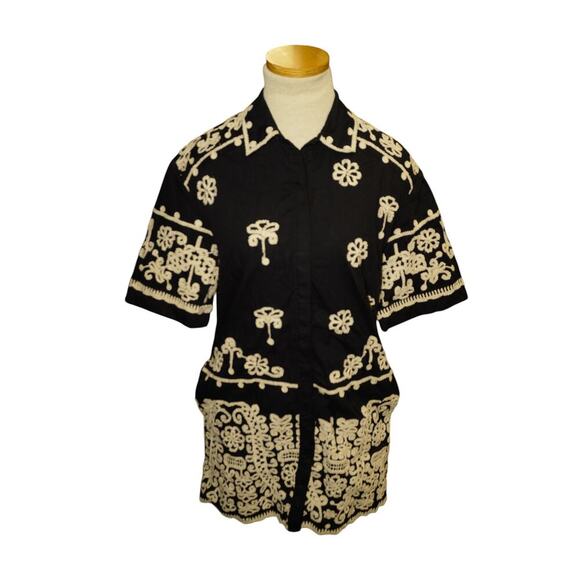 Maeve by Anthropologie Embroidered Collared Shirt Mini Dress Black/Cream – XXS - Picture 4 of 10